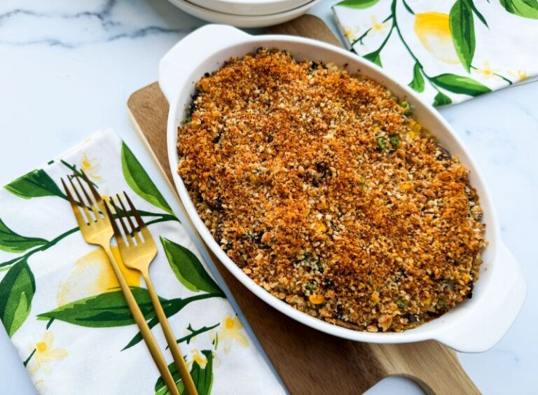 chicken, rice, and veggie casserole on table.