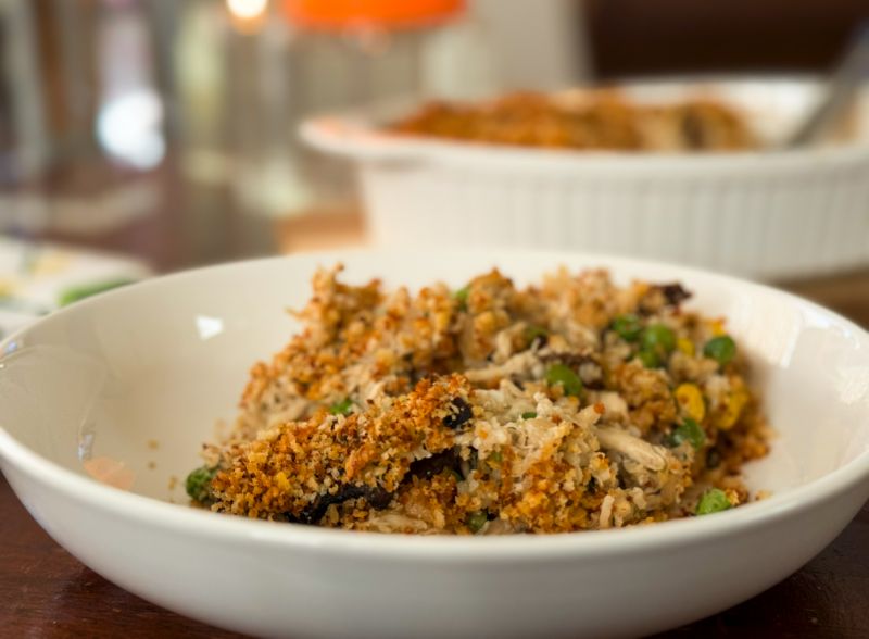 plated chicken and rice veggie casserole.