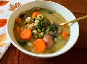 bowl of cannellini bean and turkey soup.