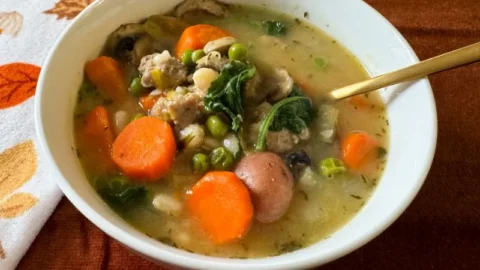 bowl of cannellini bean and turkey soup.