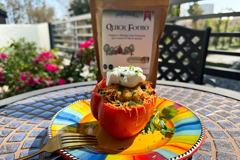 fonio stuffed pepper with Greek yogurt.