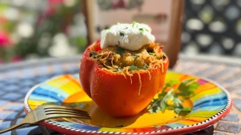 fonio stuffed pepper with Greek yogurt.