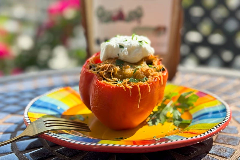 fonio stuffed pepper with Greek yogurt.