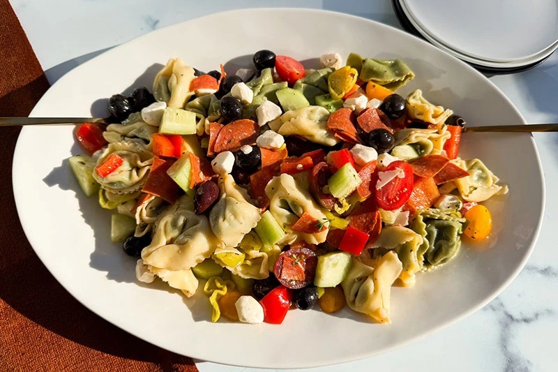 a platter of Italian tortellini pasta salad.