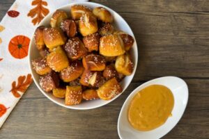 homemade soft pretzel bites with beer cheese sauce.