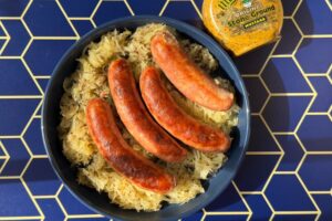 knockwurst and sauerkraut with mustard.