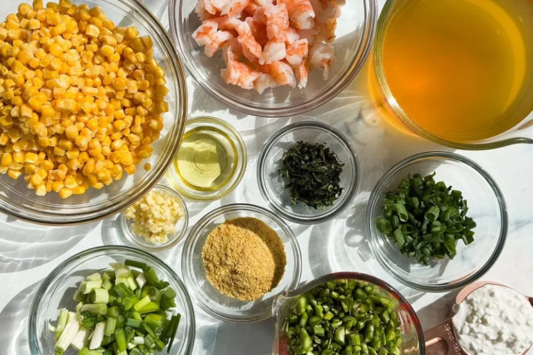 ingredients or creamy corn asparagus and shrimp soup.