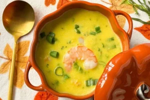 creamy corn, asparagus and shrimp soup in a bowl.