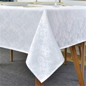 white damask tablecloth.