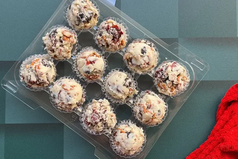 white chocolate, pecan and berry bites in a plastic container.