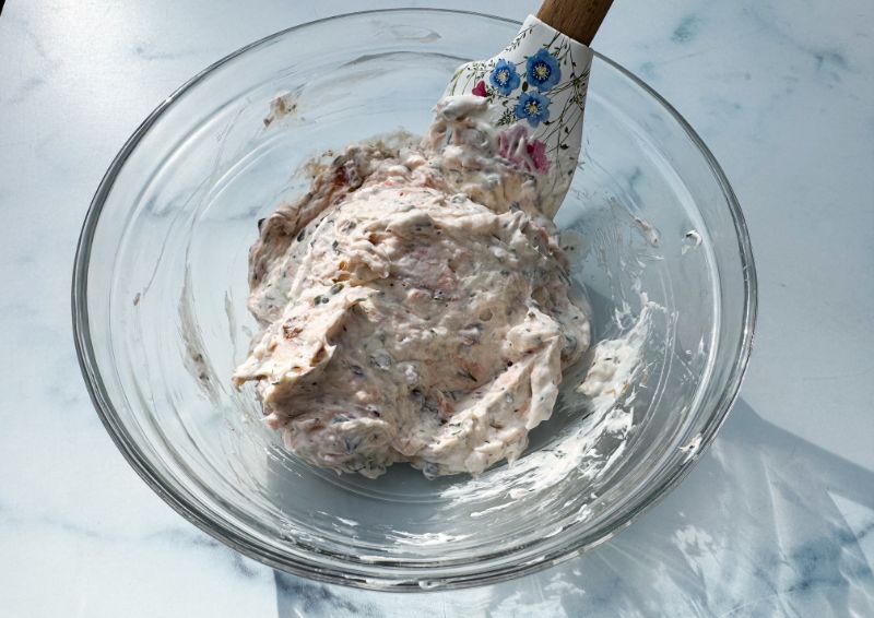 smoked salmon spread mixed in bowl.