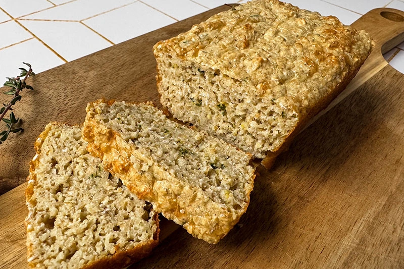 sliced, baked cottage cheese bread with oatmeal.