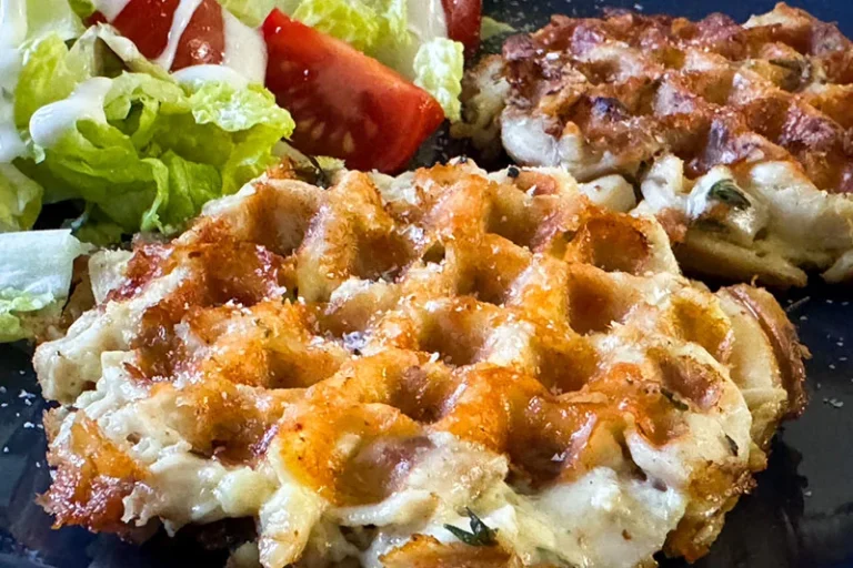 high protein waffle made with chicken on a plate.