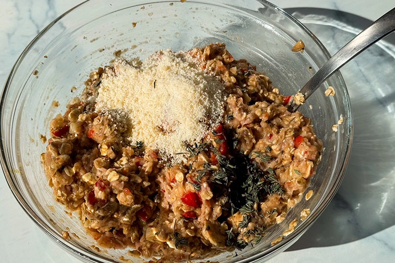 mixed meatloaf with Parmesan and fresh thyme.