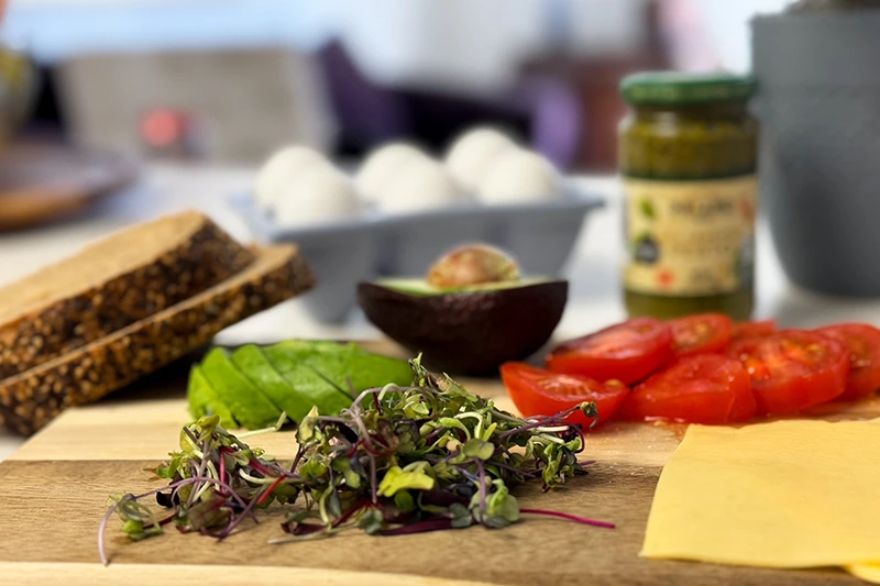 ingredients for scrambled egg pesto on toast.