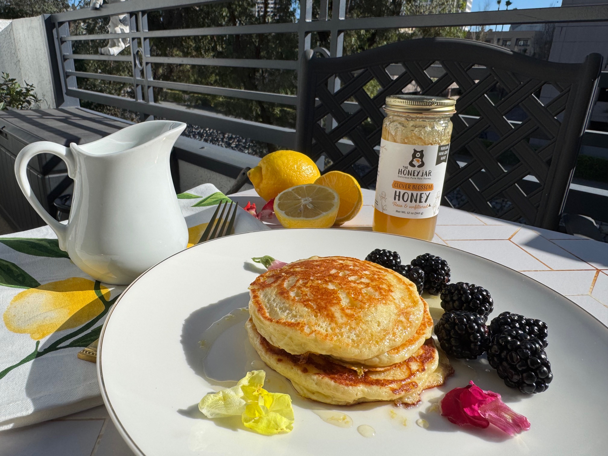 cottage cheese pancakes with lemon honey syrup.