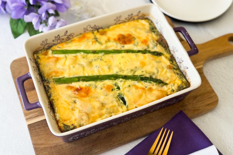 Garden vegetable frittata in a casserole dish.