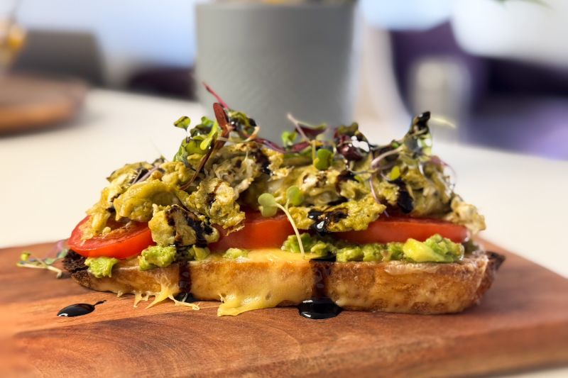 scrambled pesto eggs on toast.