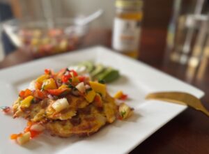 waffles topped with salsa.
