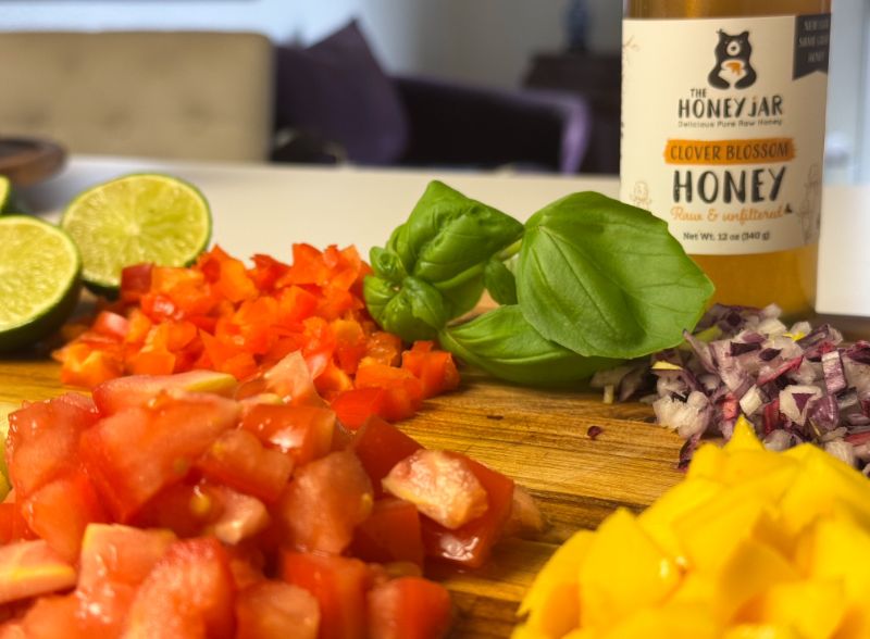 chopped fruits and veggies for salsa.