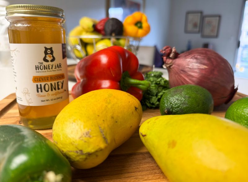 ingredients for honey & lime pineapple and mango salsa.