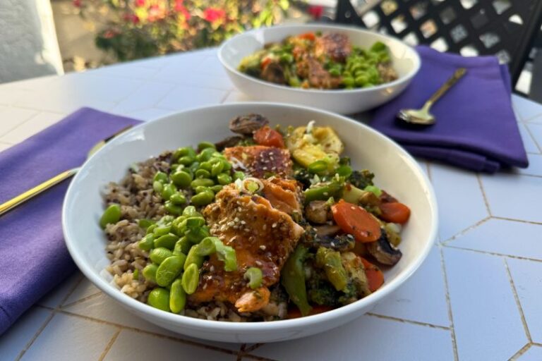 two teriyaki salmon bowls.