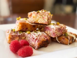 White Chocolate Blondies with Raspberries.