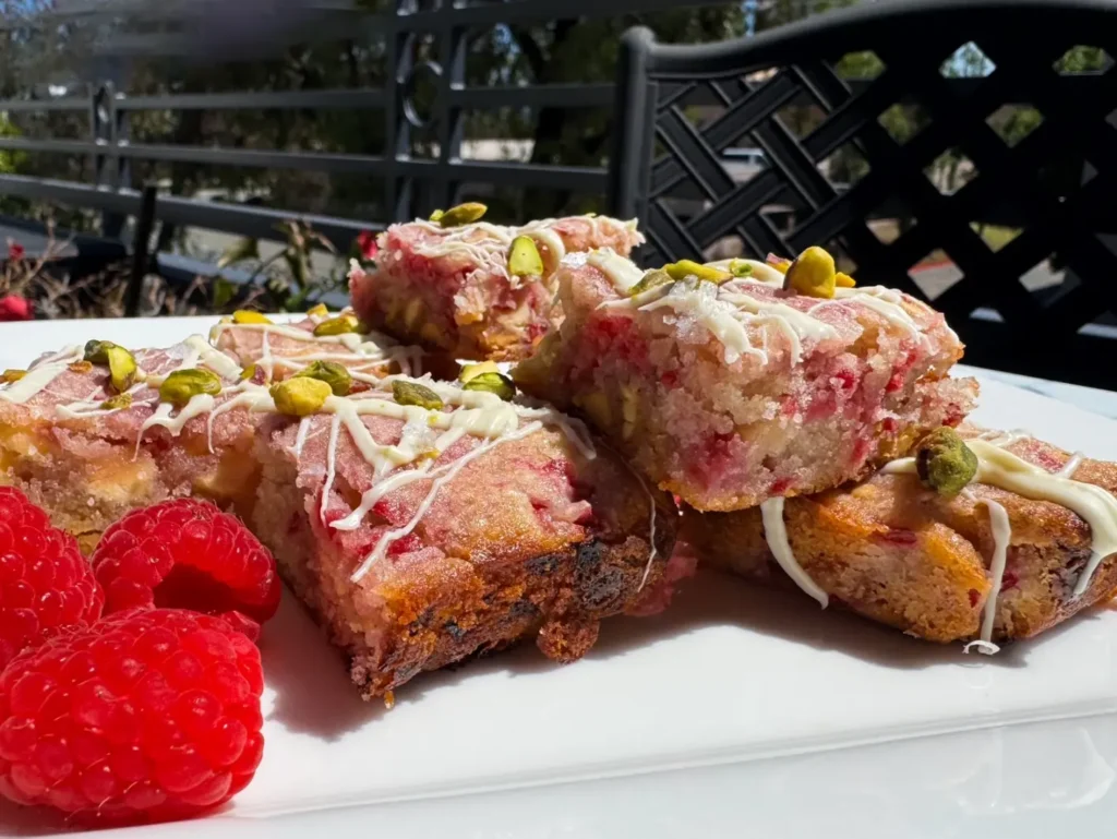 Delicious raspberry white chocolate blonde bars topped with pistachios.