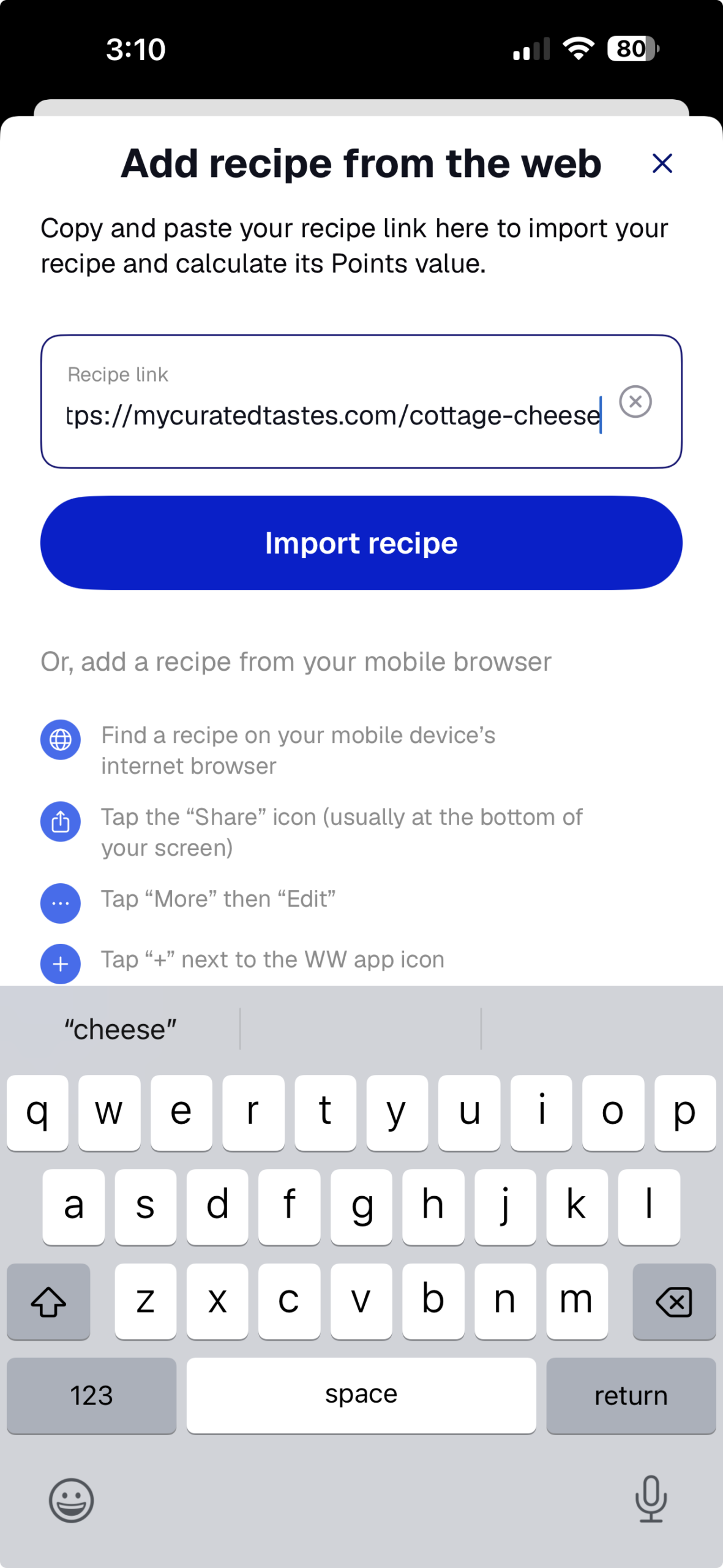 wight watcher app adding a recipe.