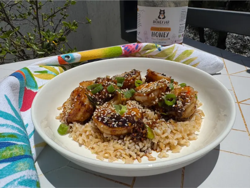 honey garlic shrimp served over brown rice.