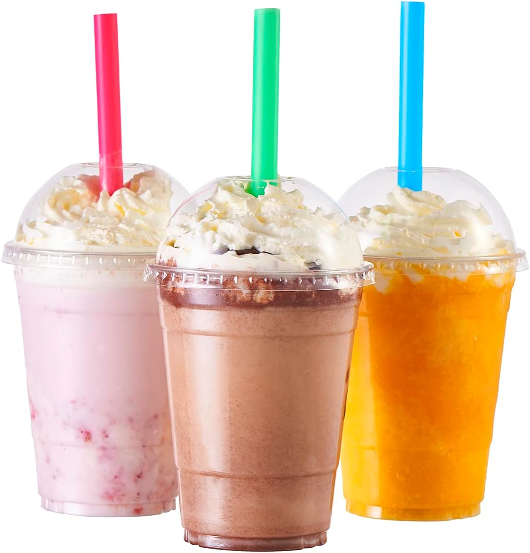 dome covered plastic cups with straws.