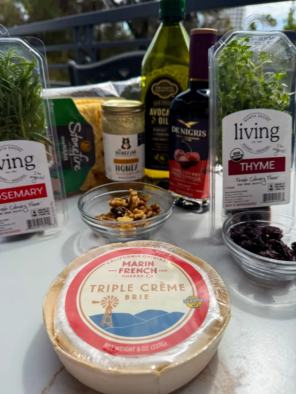 ingredients for cherry brie honey and walnut flatbread.