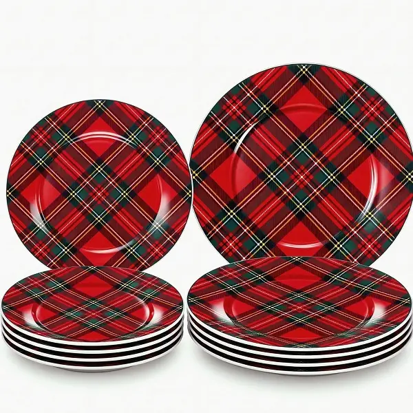 8 Piece Christmas Ceramic Plaid Dinner Dishes, 10/8 inch